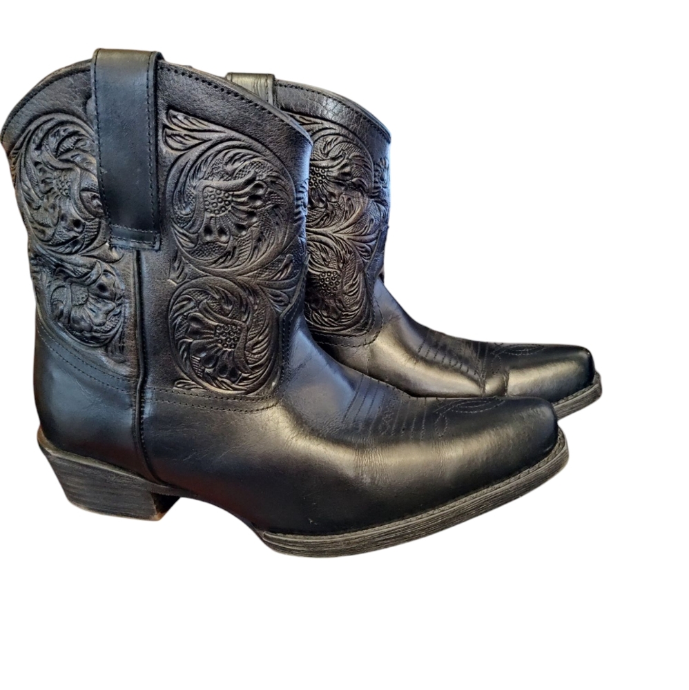 Roper Cowboy Boots BLACK VAMP Dusty Tooled Shaft Size 7.5 Western Rodeo Snip Toe